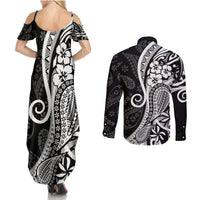 Black Polynesia Paisley Couples Matching Summer Maxi Dress and Long Sleeve Button Shirt Polynesian With Tropical Flowers LT14 - Polynesian Pride