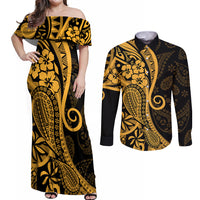 Gold Polynesia Paisley Couples Matching Off Shoulder Maxi Dress and Long Sleeve Button Shirt Polynesian With Tropical Flowers LT14 Gold - Polynesian Pride