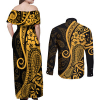 Gold Polynesia Paisley Couples Matching Off Shoulder Maxi Dress and Long Sleeve Button Shirt Polynesian With Tropical Flowers LT14 - Polynesian Pride