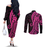 Pink Polynesia Paisley Couples Matching Off The Shoulder Long Sleeve Dress and Long Sleeve Button Shirt Polynesian With Tropical Flowers LT14 - Polynesian Pride