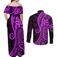 Polynesia Paisley Couples Matching Off Shoulder Maxi Dress and Long Sleeve Button Shirt Polynesian With Tropical Flowers - Purple LT14 - Polynesian Pride