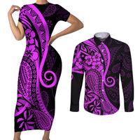Polynesia Paisley Couples Matching Short Sleeve Bodycon Dress and Long Sleeve Button Shirt Polynesian With Tropical Flowers - Purple LT14 Purple - Polynesian Pride