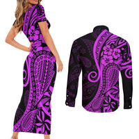 Polynesia Paisley Couples Matching Short Sleeve Bodycon Dress and Long Sleeve Button Shirt Polynesian With Tropical Flowers - Purple LT14 - Polynesian Pride