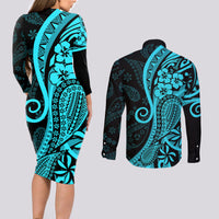 Polynesia Paisley Couples Matching Long Sleeve Bodycon Dress and Long Sleeve Button Shirt Polynesian With Tropical Flowers - Turquoise LT14 - Polynesian Pride