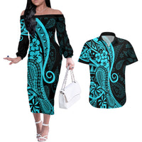 Polynesia Paisley Couples Matching Off The Shoulder Long Sleeve Dress and Hawaiian Shirt Polynesian With Tropical Flowers - Turquoise LT14 Turquoise - Polynesian Pride