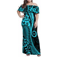 Polynesia Paisley Family Matching Off Shoulder Maxi Dress and Hawaiian Shirt Polynesian With Tropical Flowers - Turquoise LT14 Mom's Dress Turquoise - Polynesian Pride