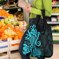Polynesia Paisley Grocery Bag Polynesian With Tropical Flowers - Turquoise