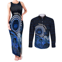 Talofa Samoa Couples Matching Tank Maxi Dress and Long Sleeve Button Shirt Samoan Kava Bowl Siapo Pattern - Blue LT14 Blue - Polynesian Pride
