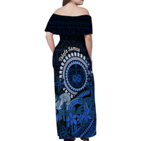 Talofa Samoa Family Matching Off Shoulder Maxi Dress and Hawaiian Shirt Samoan Kava Bowl Siapo Pattern - Blue LT14 - Polynesian Pride
