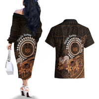Talofa Samoa Couples Matching Off The Shoulder Long Sleeve Dress and Hawaiian Shirt Samoan Kava Bowl Siapo Pattern - Brown LT14 - Polynesian Pride