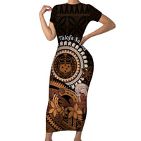Talofa Samoa Family Matching Short Sleeve Bodycon Dress and Hawaiian Shirt Samoan Kava Bowl Siapo Pattern - Brown LT14 Mom's Dress Brown - Polynesian Pride
