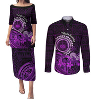Purple Talofa Samoa Couples Matching Puletasi Dress and Long Sleeve Button Shirt Samoan Kava Bowl Siapo Pattern LT14 Purple - Polynesian Pride