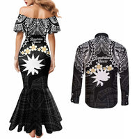 Ekamowir Omo Nauru Couples Matching Mermaid Dress and Long Sleeve Button Shirt Naoero Twelve-pointed Star Polynesian Tattoo
