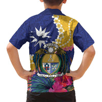 Nauru Independence Day Family Matching Tank Maxi Dress and Hawaiian Shirt Coat Of Arms With Tropical Flowers
