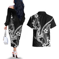 Black Aloha Hawaii Couples Matching Off The Shoulder Long Sleeve Dress and Hawaiian Shirt Polynesian Shark Tattoo With Plumeria LT14 - Polynesian Pride