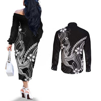 Black Aloha Hawaii Couples Matching Off The Shoulder Long Sleeve Dress and Long Sleeve Button Shirt Polynesian Shark Tattoo With Plumeria LT14 - Polynesian Pride