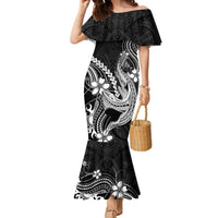 Black Aloha Hawaii Family Matching Mermaid Dress and Hawaiian Shirt Polynesian Shark Tattoo With Plumeria LT14 Mom's Dress Black - Polynesian Pride
