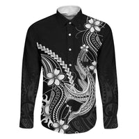 Black Aloha Hawaii Family Matching Off The Shoulder Long Sleeve Dress and Hawaiian Shirt Polynesian Shark Tattoo With Plumeria LT14 Dad's Shirt - Long Sleeve Black - Polynesian Pride