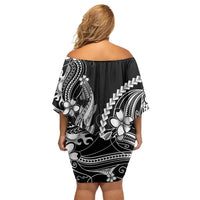 Black Aloha Hawaii Off Shoulder Short Dress Polynesian Shark Tattoo With Plumeria - Polynesian Pride