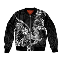 Black Aloha Hawaii Sleeve Zip Bomber Jacket Polynesian Shark Tattoo With Plumeria LT14 Unisex Black - Polynesian Pride