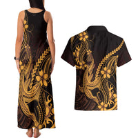 Gold Black Aloha Hawaii Couples Matching Tank Maxi Dress and Hawaiian Shirt Polynesian Shark Tattoo With Plumeria LT14 - Polynesian Pride