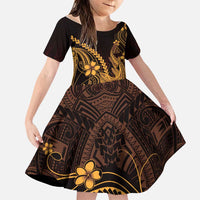 Gold Black Aloha Hawaii Family Matching Off Shoulder Maxi Dress and Hawaiian Shirt Polynesian Shark Tattoo With Plumeria LT14 Daughter's Dress Gold - Polynesian Pride