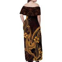 Gold Black Aloha Hawaii Family Matching Off Shoulder Maxi Dress and Hawaiian Shirt Polynesian Shark Tattoo With Plumeria LT14 - Polynesian Pride