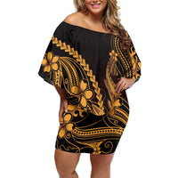 Gold Black Aloha Hawaii Family Matching Off Shoulder Short Dress and Hawaiian Shirt Polynesian Shark Tattoo With Plumeria LT14 Mom's Dress Gold - Polynesian Pride
