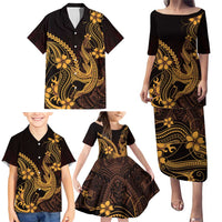 Gold Black Aloha Hawaii Family Matching Puletasi and Hawaiian Shirt Polynesian Shark Tattoo With Plumeria LT14 - Polynesian Pride