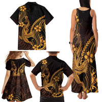 Gold Black Aloha Hawaii Family Matching Tank Maxi Dress and Hawaiian Shirt Polynesian Shark Tattoo With Plumeria LT14 - Polynesian Pride