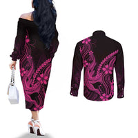 Pink Black Aloha Hawaii Couples Matching Off The Shoulder Long Sleeve Dress and Long Sleeve Button Shirt Polynesian Shark Tattoo With Plumeria LT14 - Polynesian Pride