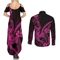 Pink Black Aloha Hawaii Couples Matching Summer Maxi Dress and Long Sleeve Button Shirt Polynesian Shark Tattoo With Plumeria - Polynesian Pride