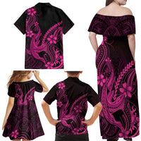 Pink Black Aloha Hawaii Family Matching Off Shoulder Maxi Dress and Hawaiian Shirt Polynesian Shark Tattoo With Plumeria LT14 - Polynesian Pride