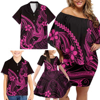 Pink Black Aloha Hawaii Family Matching Off Shoulder Short Dress and Hawaiian Shirt Polynesian Shark Tattoo With Plumeria LT14 - Polynesian Pride
