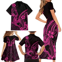 Pink Black Aloha Hawaii Family Matching Short Sleeve Bodycon Dress and Hawaiian Shirt Polynesian Shark Tattoo With Plumeria LT14 - Polynesian Pride