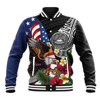 United States and American Samoa Baseball Jacket USA Flag Eagle With Seal Tropical Flowers