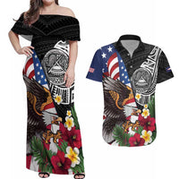 United States and American Samoa Couples Matching Off Shoulder Maxi Dress and Hawaiian Shirt USA Flag Eagle With Seal Tropical Flowers LT14 Black - Polynesian Pride