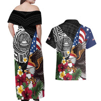 United States and American Samoa Couples Matching Off Shoulder Maxi Dress and Hawaiian Shirt USA Flag Eagle With Seal Tropical Flowers LT14 - Polynesian Pride