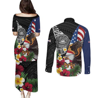 United States and American Samoa Couples Matching Puletasi and Long Sleeve Button Shirt USA Flag Eagle With Seal Tropical Flowers