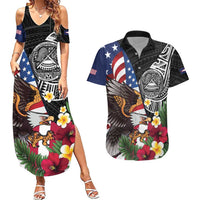 United States and American Samoa Couples Matching Summer Maxi Dress and Hawaiian Shirt USA Flag Eagle With Seal Tropical Flowers LT14 Black - Polynesian Pride