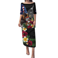 United States and American Samoa Family Matching Puletasi and Hawaiian Shirt USA Flag Eagle With Seal Tropical Flowers LT14 Mom's Dress Black - Polynesian Pride