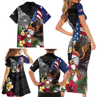 United States and American Samoa Family Matching Short Sleeve Bodycon Dress and Hawaiian Shirt USA Flag Eagle With Seal Tropical Flowers LT14 - Polynesian Pride