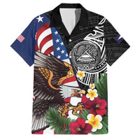 United States and American Samoa Family Matching Short Sleeve Bodycon Dress and Hawaiian Shirt USA Flag Eagle With Seal Tropical Flowers LT14 Dad's Shirt - Short Sleeve Black - Polynesian Pride