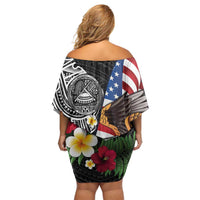 United States and American Samoa Off Shoulder Short Dress USA Flag Eagle With Seal Tropical Flowers