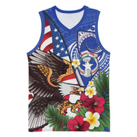 United States and Northern Mariana Islands Basketball Jersey USA Flag Eagle CNMI Latte Stone Tropical Flowers LT14 Unisex Blue - Polynesian Pride