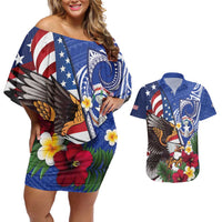 United States and Northern Mariana Islands Couples Matching Off Shoulder Short Dress and Hawaiian Shirt USA Flag Eagle CNMI Latte Stone Tropical Flowers LT14 Blue - Polynesian Pride
