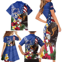 United States and Northern Mariana Islands Family Matching Short Sleeve Bodycon Dress and Hawaiian Shirt USA Flag Eagle CNMI Latte Stone Tropical Flowers LT14 - Polynesian Pride
