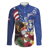 United States and Northern Mariana Islands Family Matching Summer Maxi Dress and Hawaiian Shirt USA Flag Eagle CNMI Latte Stone Tropical Flowers LT14 Dad's Shirt - Long Sleeve Blue - Polynesian Pride