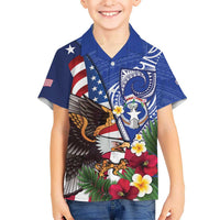United States and Northern Mariana Islands Kid Hawaiian Shirt USA Flag Eagle CNMI Latte Stone Tropical Flowers LT14 Kid Blue - Polynesian Pride