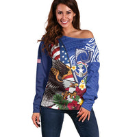 United States and Northern Mariana Islands Off Shoulder Sweater USA Flag Eagle CNMI Latte Stone Tropical Flowers